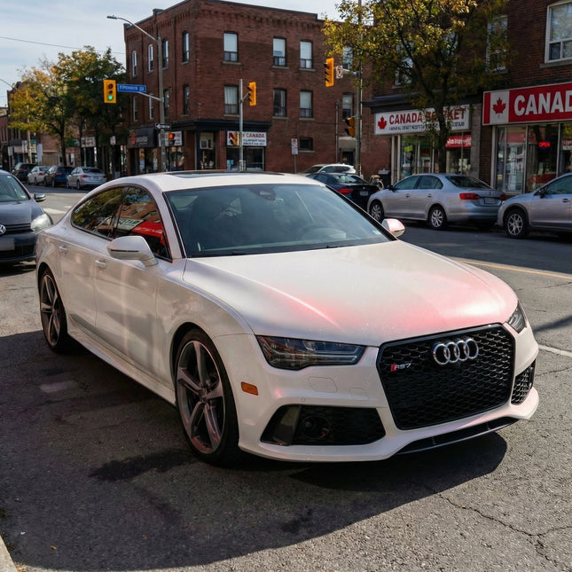 MOSFA Transparent Diamond Red Polarization Sparkle PPF on Audi RS7 Angle View | 7.5mil Self-Healing Clear Paint Protection Film with Red Glitter