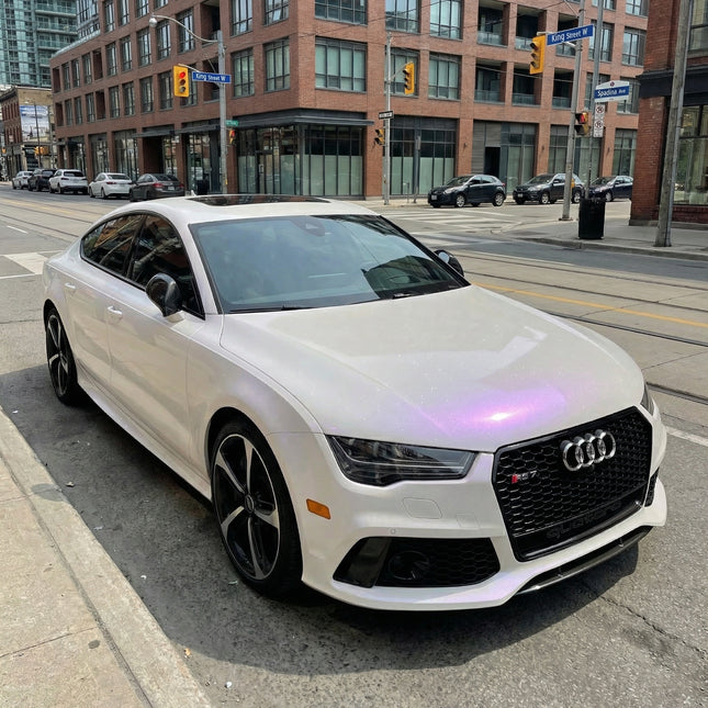 MOSFA Transparent Diamond Purple Polarization Sparkle PPF on Audi RS7 Angle View | 7.5mil Self-Healing Clear Paint Protection Film with Purple Glitter