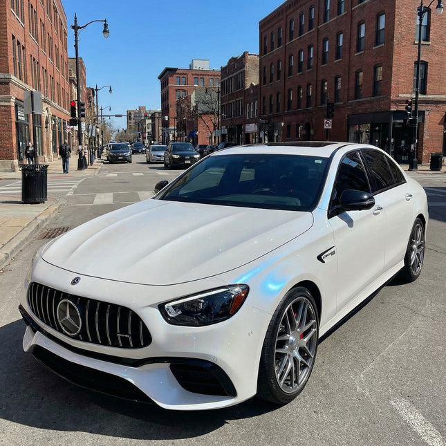 MOSFA Transparent Diamond Blue Polarization Sparkle PPF on Mercedes-AMG E63 | 7.5mil Self-Healing Clear Paint Protection Film with Blue Glitter Effect