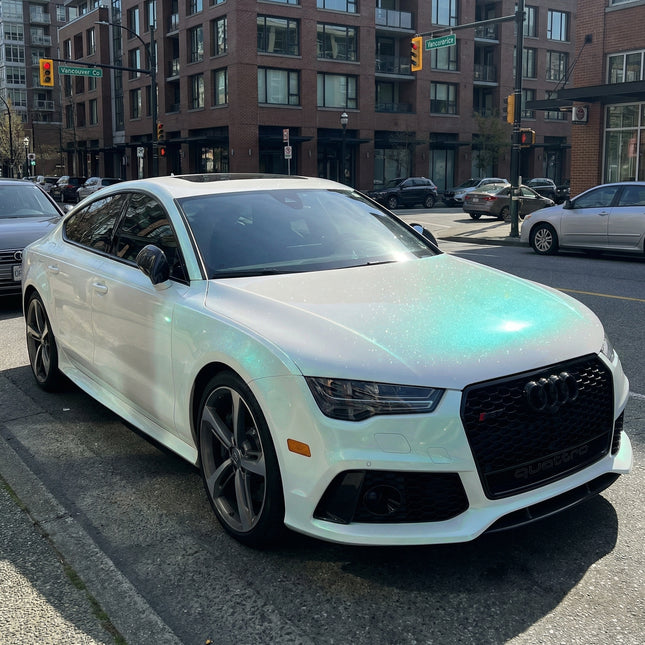 MOSFA Transparent Diamond Pine Green Polarization Sparkle PPF on Audi A7 Angle View | 7.5mil Self-Healing Clear Paint Protection Film with Pine Green Glitter