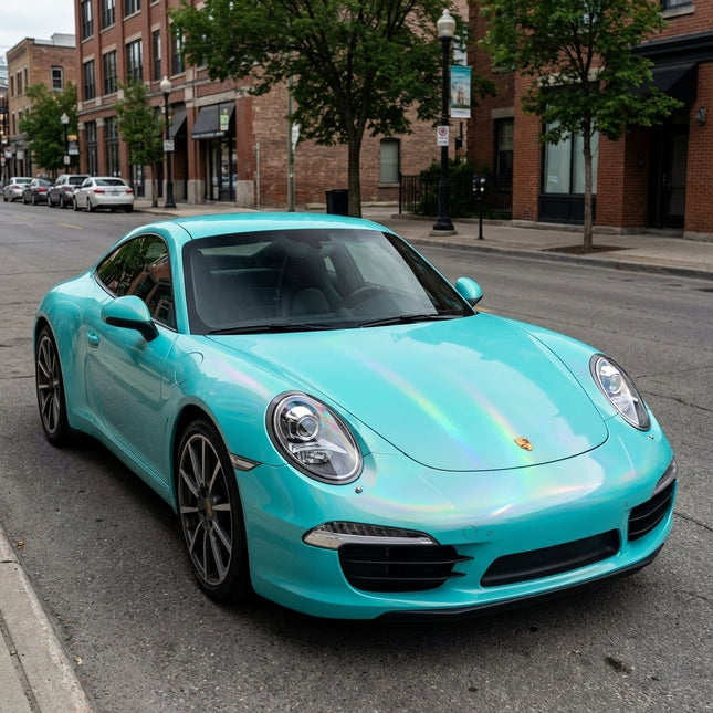MOSFA Laser Tiffany Blue Holographic PPF on Porsche 911 Carrera Close-Up Detail | 7.5mil Self-Healing Effect