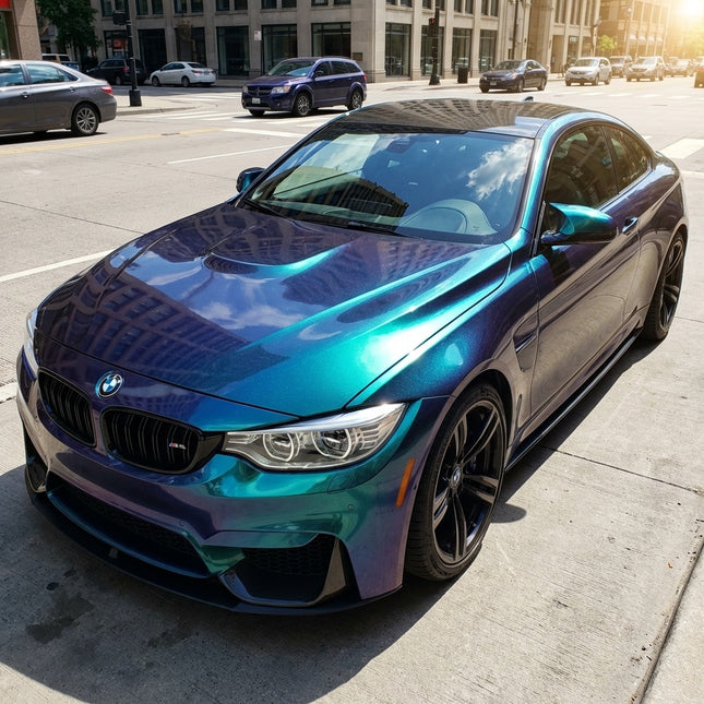 BMW M4 wrapped in MOSFA Chameleon Purple Blue Green Color-Shift PPF 7.5mil self-healing paint protection film