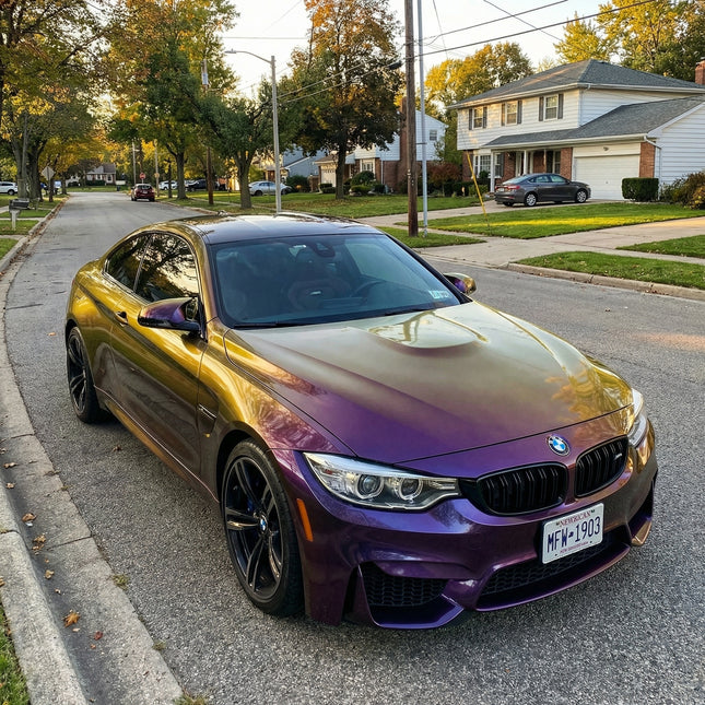 BMW M4 wrapped in MOSFA Chameleon Gold White Purple Color-Shift PPF 7.5mil self-healing paint protection film