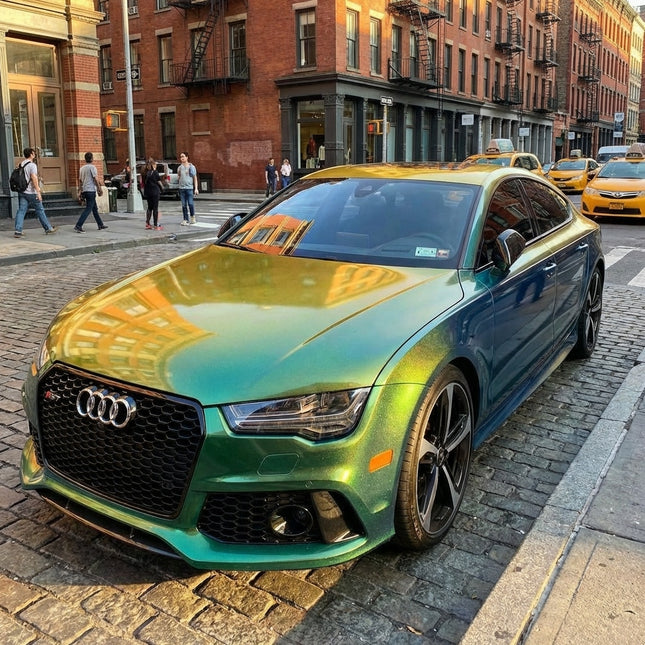 Audi RS7 wrapped in MOSFA Chameleon Blue Green Gold Color-Shift PPF 7.5mil self-healing paint protection film