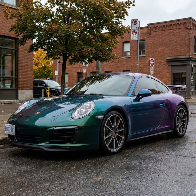 Porsche 911 wrapped in MOSFA Chameleon Green Blue Purple Color-Shift PPF 7.5mil self-healing paint protection film