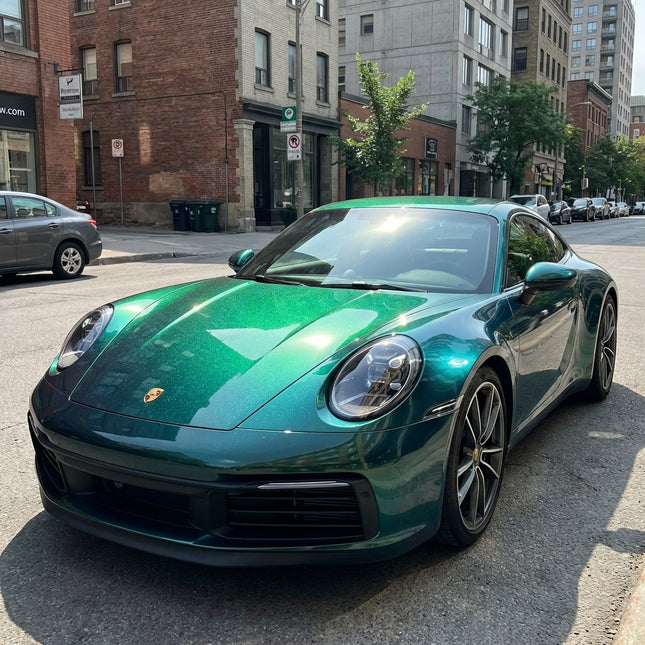 Porsche 911 wrapped in MOSFA Aurora Diamond Green Fantasy PPF 7.5mil self-healing paint protection film