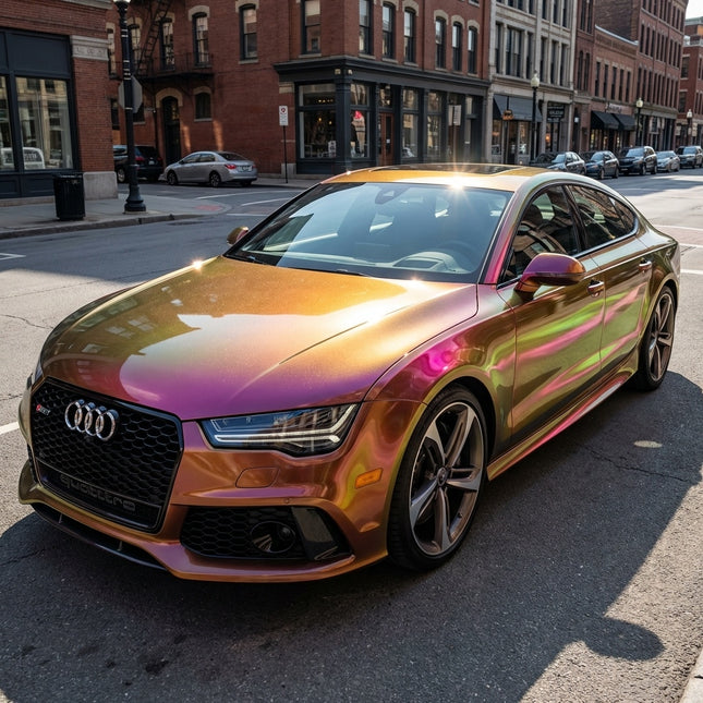 Audi RS7 wrapped in MOSFA Aurora Diamond Purple Green Fantasy PPF 7.5mil self-healing paint protection film