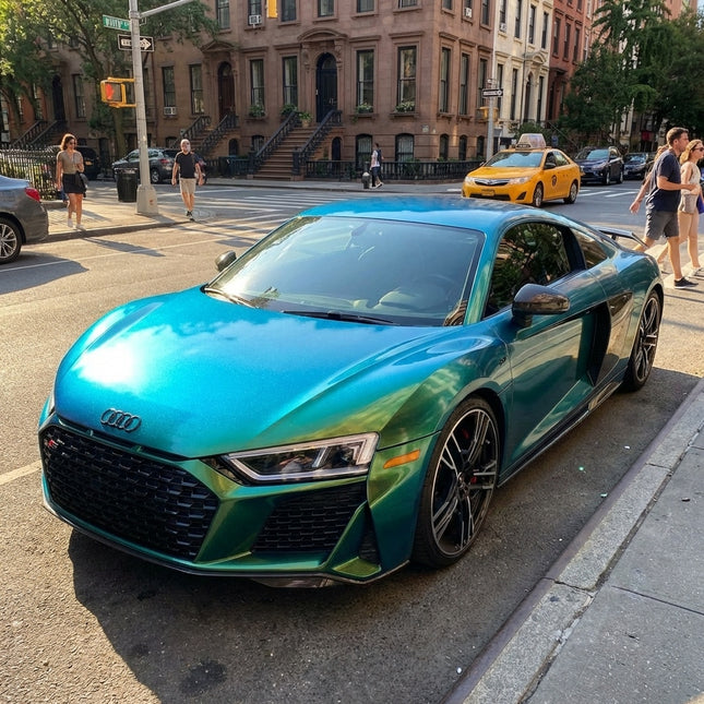 Audi R8 wrapped in MOSFA Aurora Diamond Green Blue Fantasy PPF 7.5mil self-healing paint protection film