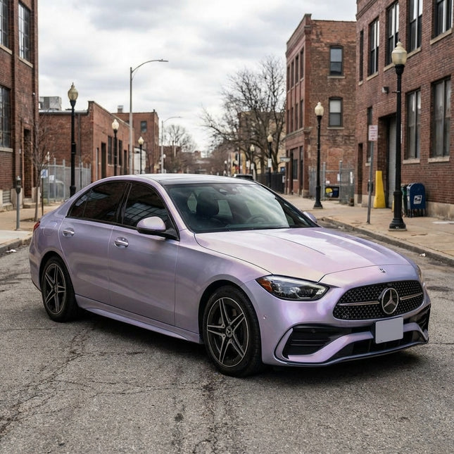 Mercedes-Benz C-Class wrapped in MOSFA Silver Illusion Purple Fantasy PPF 7.5mil self-healing paint protection film