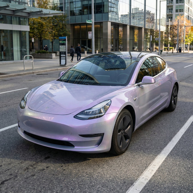 Tesla Model 3 wrapped in MOSFA Fantasy Grey Charm Purple PPF 7.5mil self-healing paint protection film