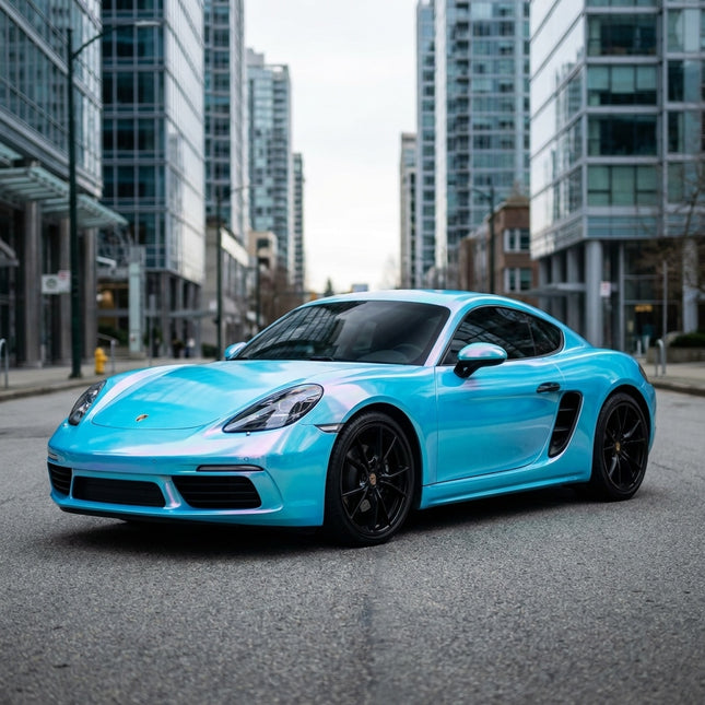 Porsche 718 Cayman wrapped in MOSFA Dreamy Prismatic Sky Blue Fantasy PPF 7.5mil self-healing paint protection film