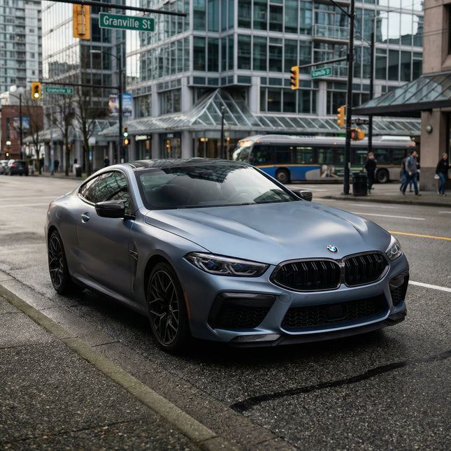 BMW M8 Coupe wrapped in MOSFA Somato Blue Matte PPF 7.5mil self-healing paint protection film