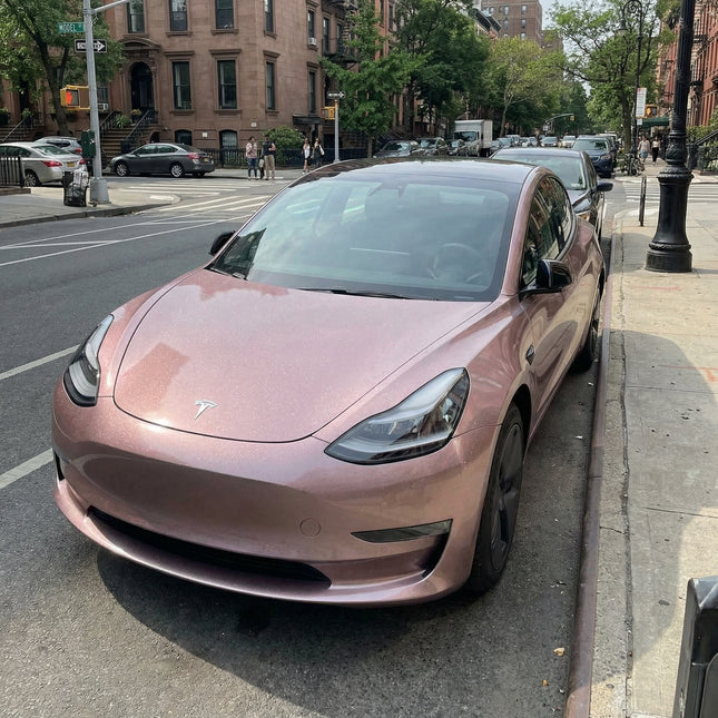 MOSFA ice berry pink PPF on Tesla Model 3 - 7.5mil self-healing paint protection film with soft pink metallic finish