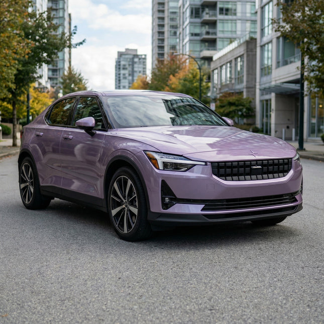 MOSFA spirit purple PPF on Polestar 2 - 7.5mil self-healing paint protection film with elegant lavender purple finish