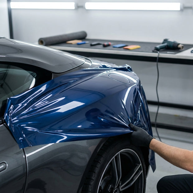 Professional car wrap installer applying vinyl film - wholesale pricing for wrap shops