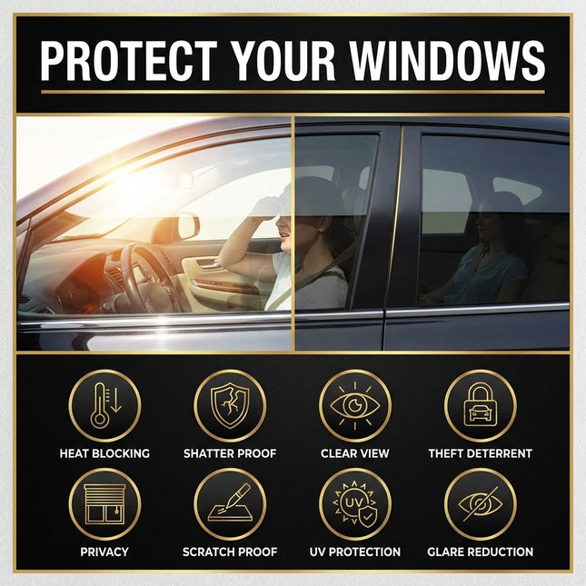 MOSFA automotive window tint film before and after comparison showing 8 key benefits: heat blocking, shatter proof protection, clear view visibility, theft deterrent privacy, scratch proof durability, UV protection, and glare reduction for safer driving