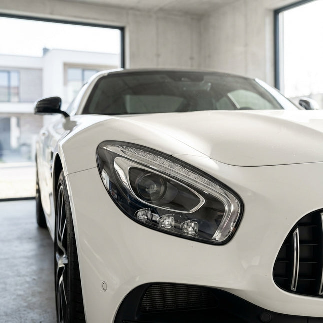 MOSFA clear transparent headlight protection film on Mercedes-AMG GT sports car with UV resistance
