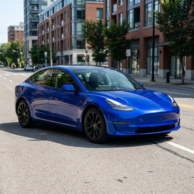 MOSFA crystal blue pearl PPF on Tesla Model 3 - 7.5mil self-healing paint protection film with brilliant blue shimmer