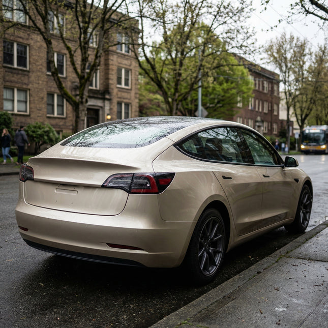 MOSFA deep champagne gold PPF on Tesla Model 3 - 7.5mil self-healing paint protection film with rich champagne metallic coating