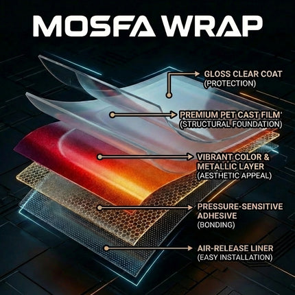 MOSFA PET vinyl wrap 5-layer construction diagram showing gloss clear coat protection, premium PET cast film foundation, vibrant color metallic layer, pressure-sensitive adhesive bonding and air-release liner for easy installation