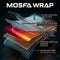 MOSFA PET vinyl wrap 5-layer construction diagram showing gloss clear coat protection, premium PET cast film foundation, vibrant color metallic layer, pressure-sensitive adhesive bonding and air-release liner for easy installation