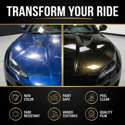 MOSFA PET vinyl wrap before and after transformation showing blue car to black sparkle finish with benefits: new color, paint safe removal, peel clean, fade resistant, varied textures and quality film