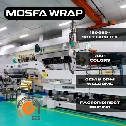 MOSFA paint protection film manufacturing facility with 180,000+ sqft production line, 700+ colors, OEM ODM custom services, SGS certified factory