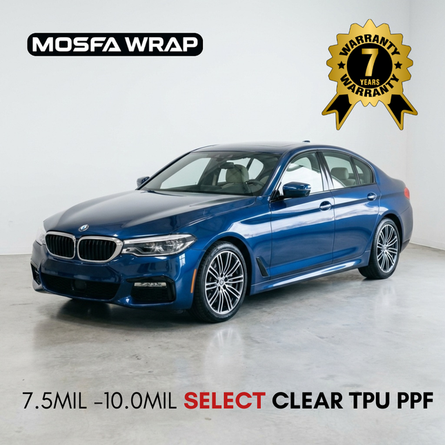 MOSFA SELECT clear bra paint protection film 7.5mil-10.0mil TPU PPF with 7-year warranty on BMW 5 Series, premium self-healing invisible protection