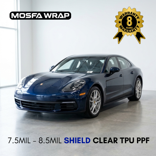 MOSFA SHIELD clear bra paint protection film 7.5mil-8.5mil TPU PPF with 8-year warranty on Porsche Panamera, superior self-healing invisible shield