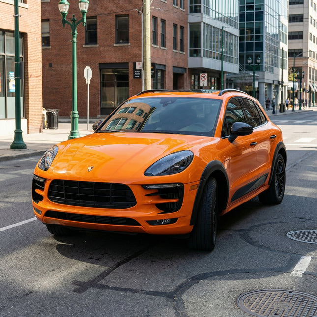 MOSFA signal orange pearl PPF on Porsche Macan - 7.5mil self-healing paint protection film showcasing racing orange pearl effect