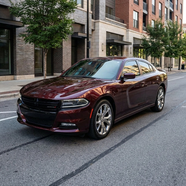 MOSFA streamer black charm red pearl PPF on Dodge Charger - 7.5mil self-healing paint protection film with dramatic black-to-red pearlescent shift