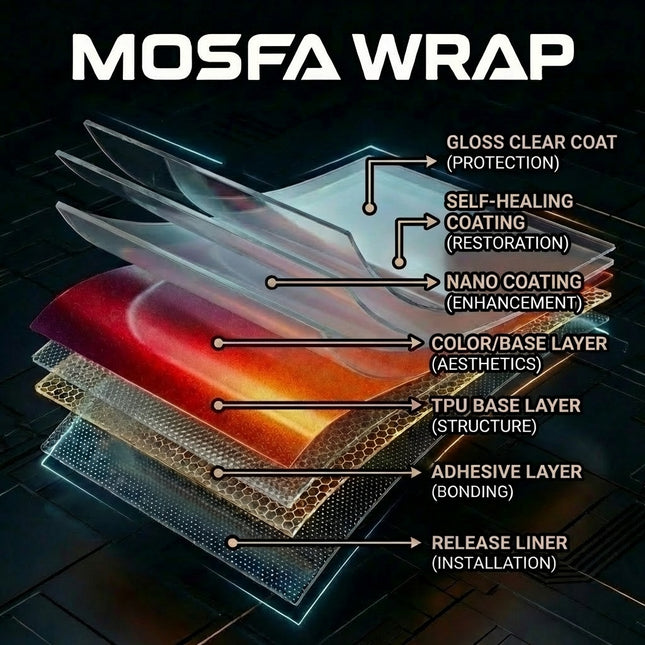 MOSFA TPU paint protection film 7-layer structure diagram showing self-healing coating, nano coating, adhesive layer and release liner