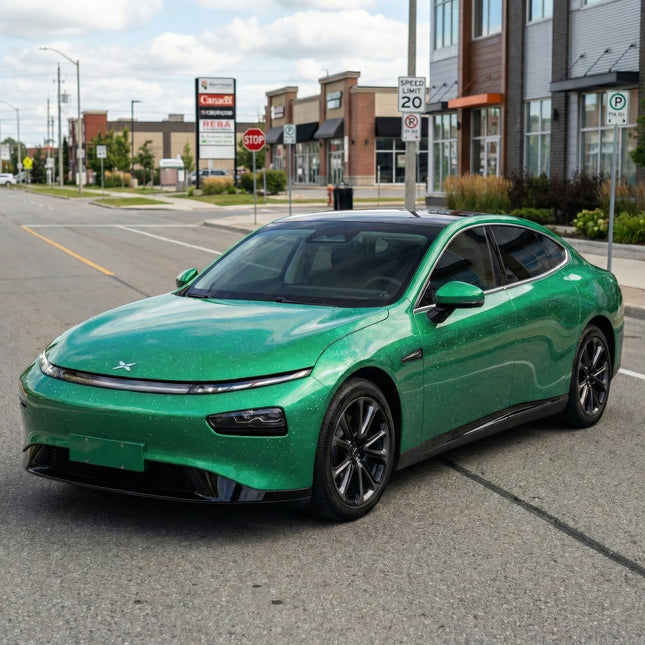 MOSFA Xiaomi YU7 emerald green PPF on Xpeng P7 - 7.5mil self-healing paint protection film with vibrant emerald metallic finish