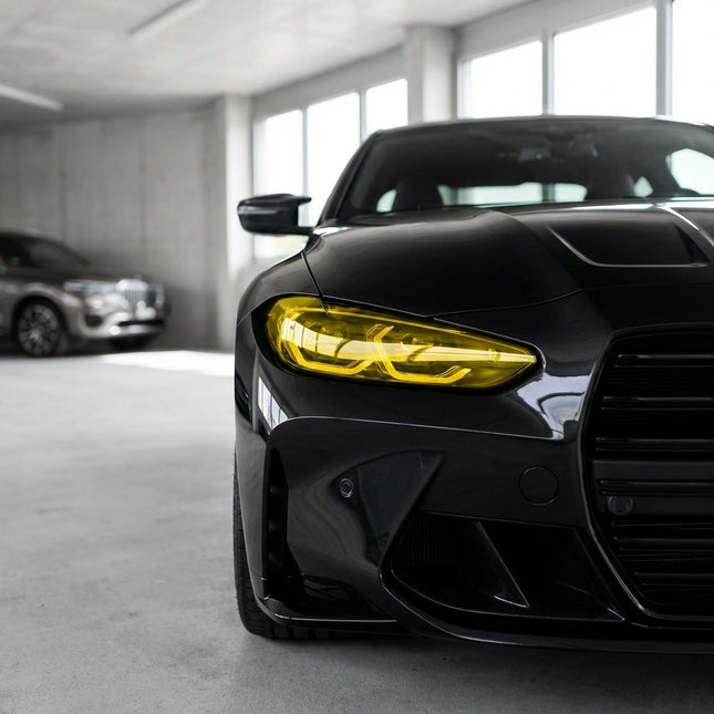MOSFA yellow headlight tint film on BMW M4 with bright golden yellow aesthetic