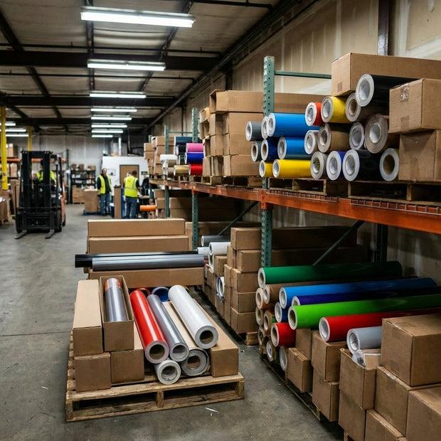 Vinyl wrap rolls in warehouse - bulk wholesale vehicle wrap film supply
